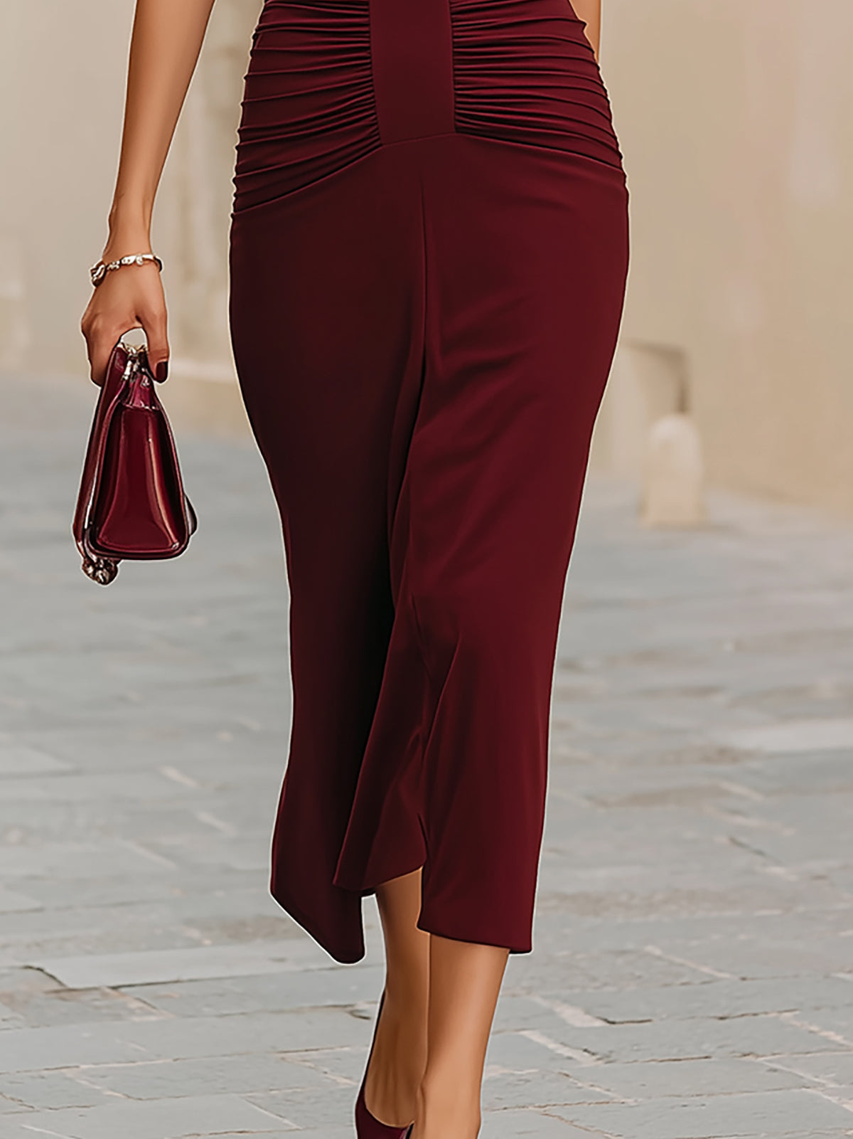 Grandgrace Burgundy V Neck Ruched Bodycon Midi Dress