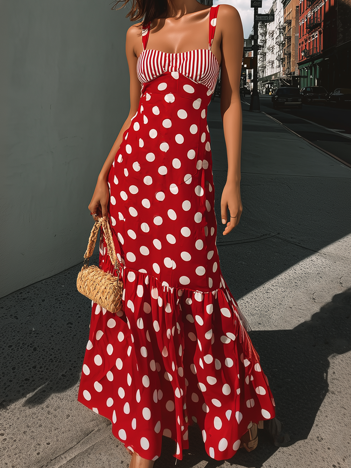 Grandgrace Red Polka Dot Stripe Panel Ruffle Maxi Dress