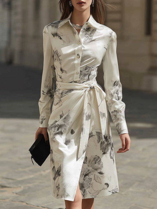 Grandgrace Cream Satin Floral Print Tie Waist Shirt Dress