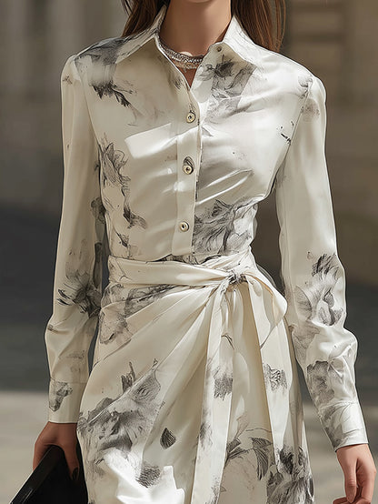 Grandgrace Cream Satin Floral Print Tie Waist Shirt Dress
