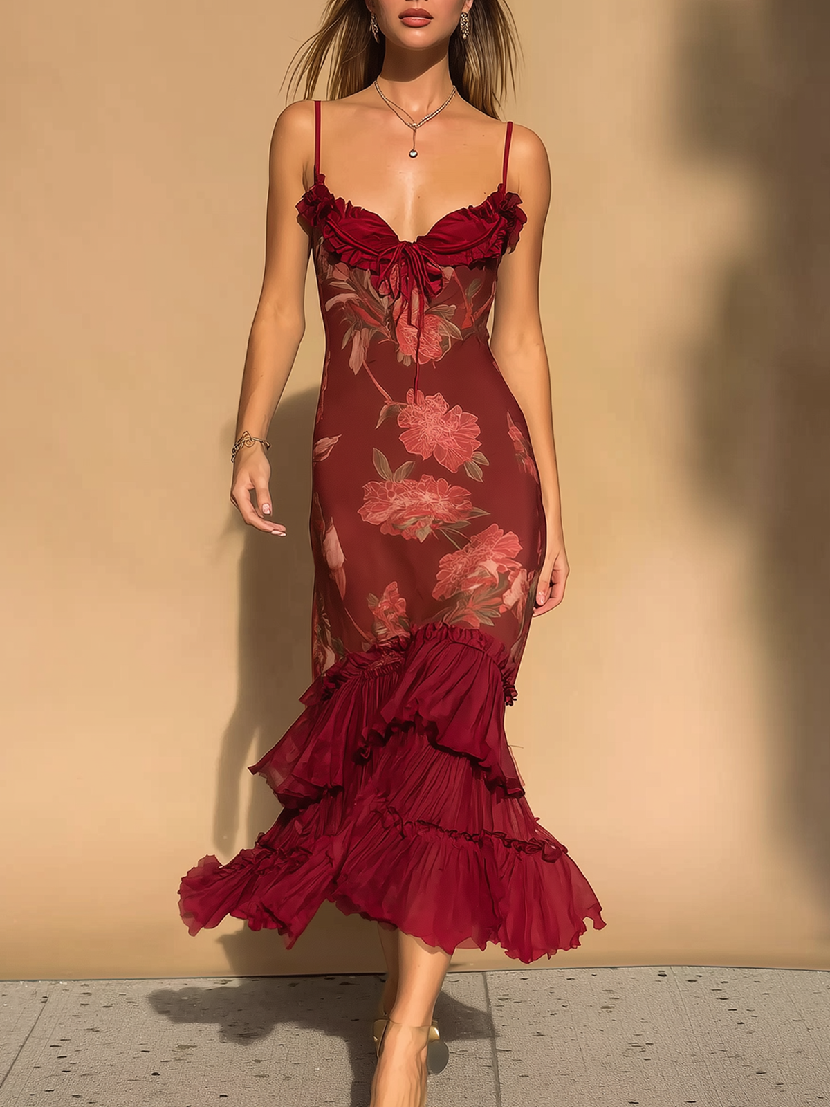 Grandgrace Burgundy Floral Ruffle Hem Spaghetti Midi Dress