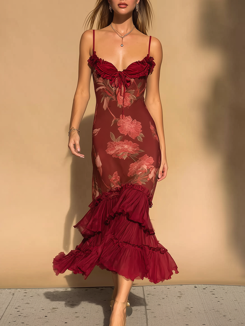 Grandgrace Burgundy Floral Ruffle Hem Spaghetti Midi Dress