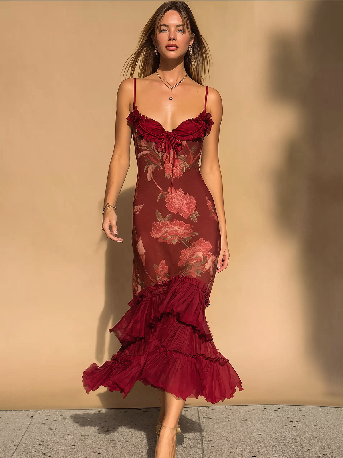 Grandgrace Burgundy Floral Ruffle Hem Spaghetti Midi Dress