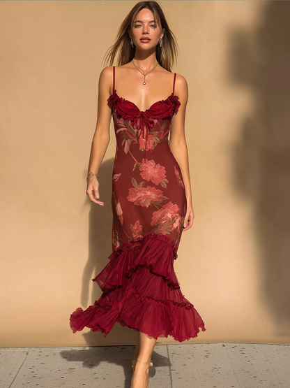 Grandgrace Burgundy Floral Ruffle Hem Spaghetti Midi Dress