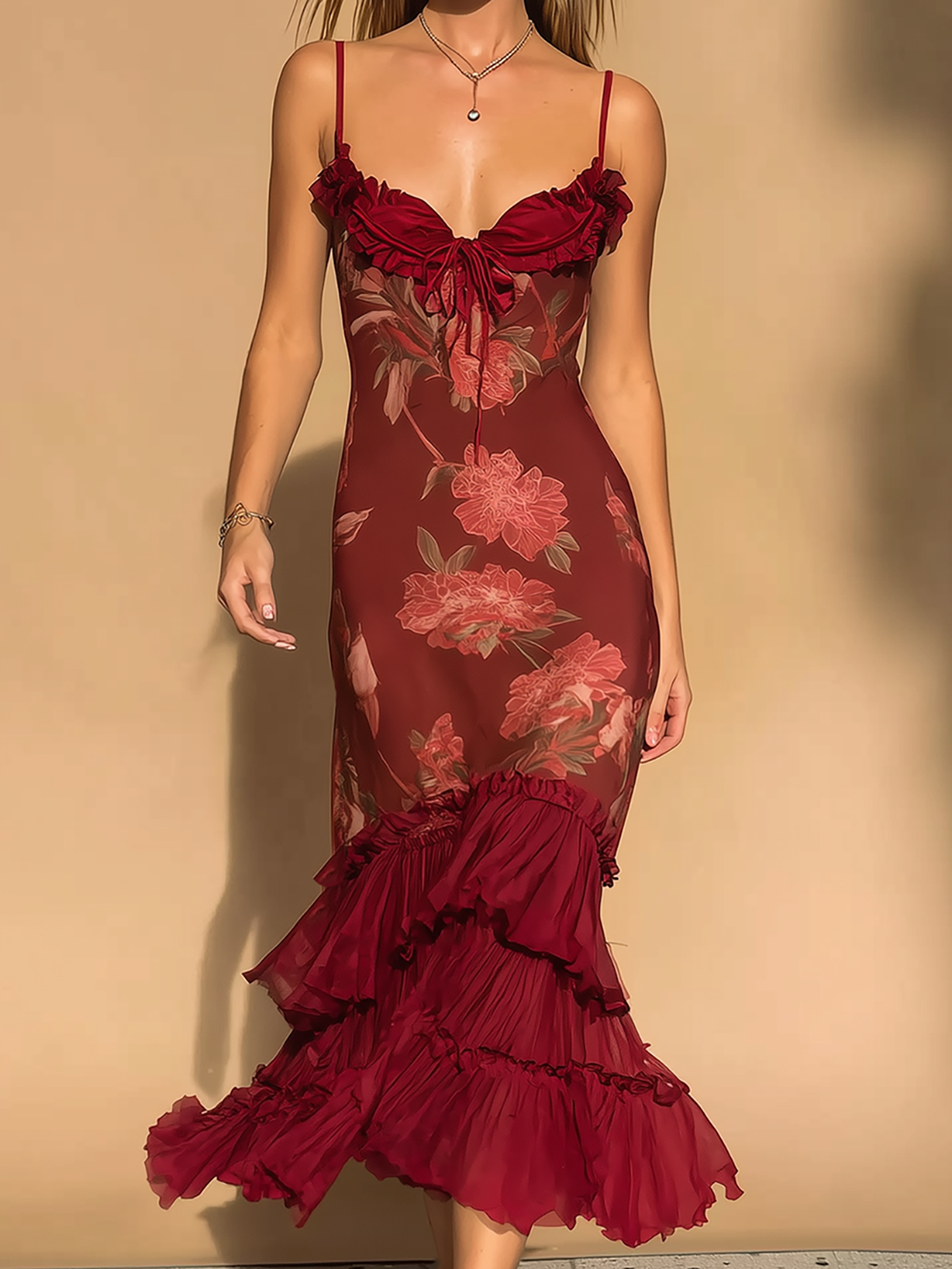 Grandgrace Burgundy Floral Ruffle Hem Spaghetti Midi Dress