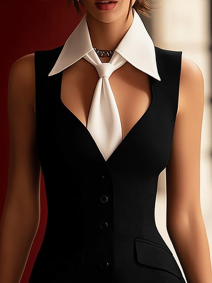 Grandgrace Black White Contrast Collar Tie Mini Dress
