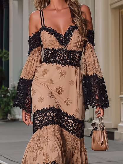 Grandgrace Beige Black Lace Cold Shoulder Floral Maxi Dress