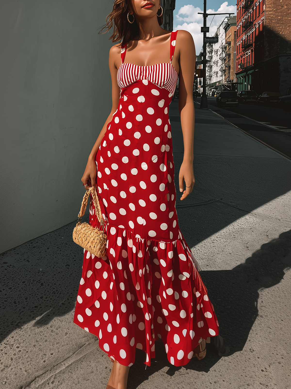 Grandgrace Red Polka Dot Stripe Panel Ruffle Maxi Dress