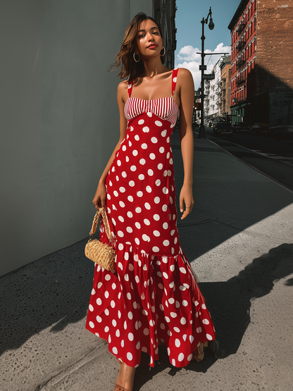 Grandgrace Red Polka Dot Stripe Panel Ruffle Maxi Dress