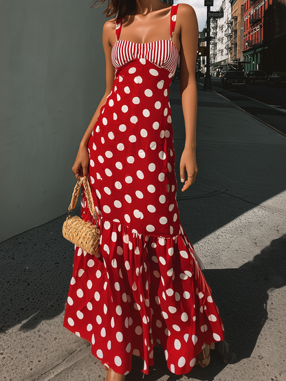 Grandgrace Red Polka Dot Stripe Panel Ruffle Maxi Dress