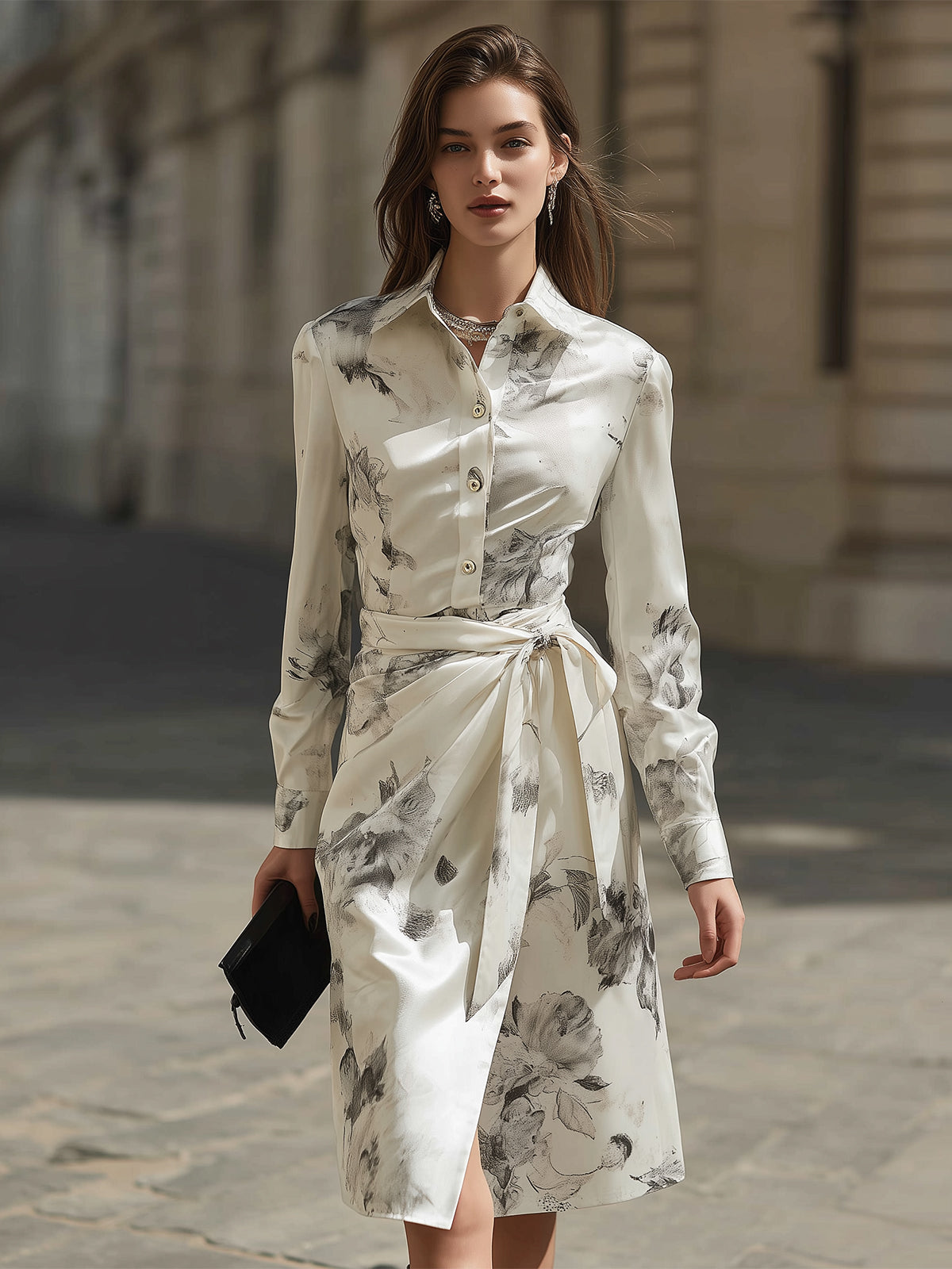 Grandgrace Cream Satin Floral Print Tie Waist Shirt Dress
