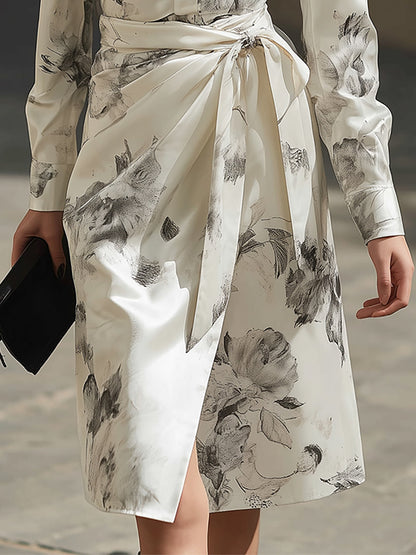 Grandgrace Cream Satin Floral Print Tie Waist Shirt Dress
