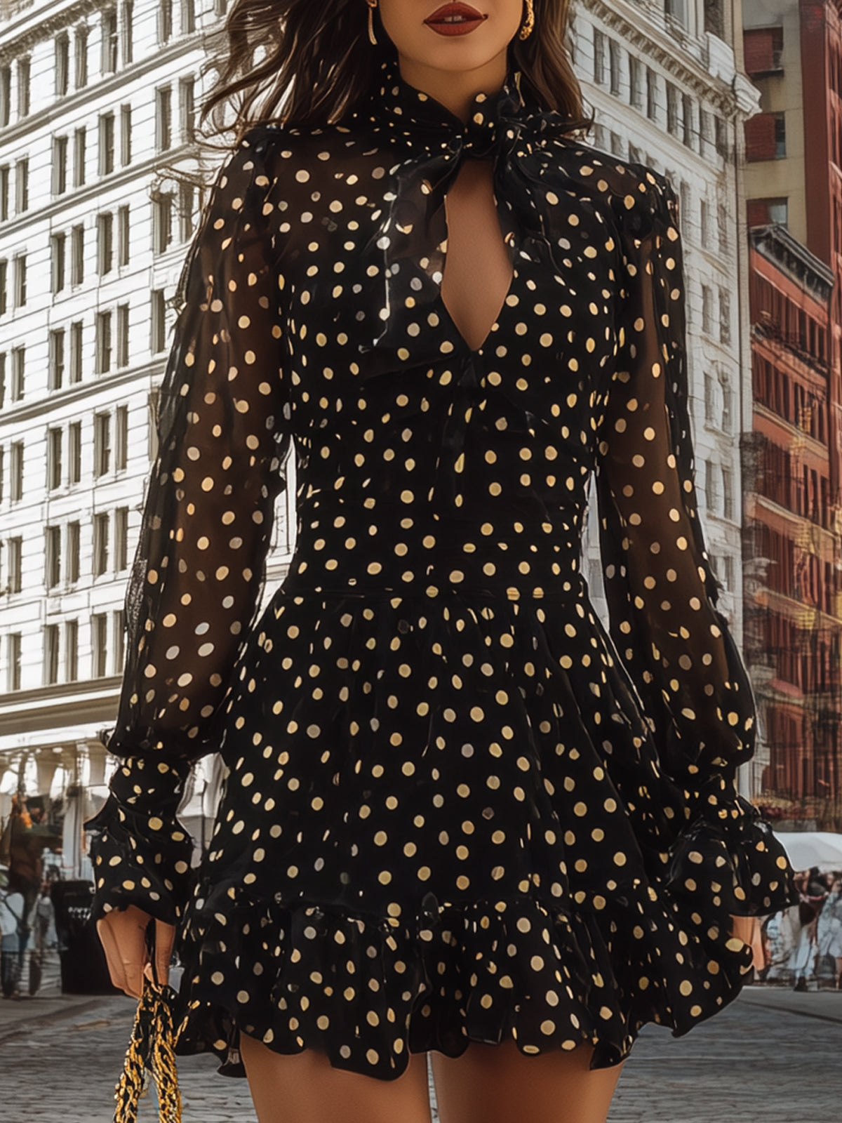 Grandgrace Black Polka Dot Chiffon Ruffle Mini Dress